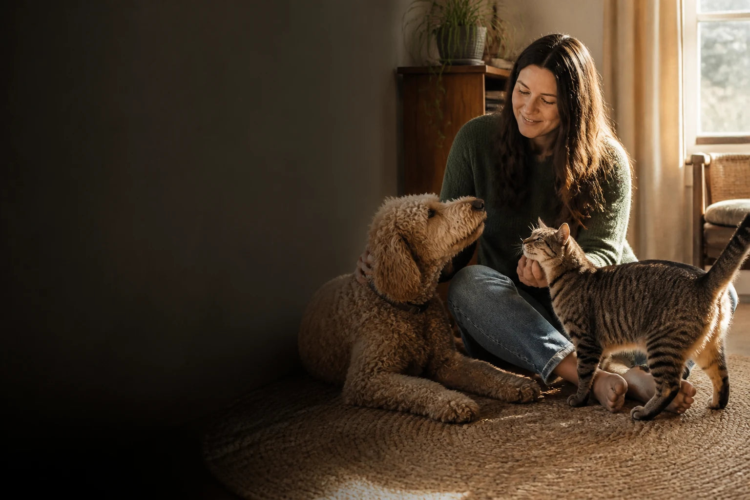 A pet parent sharing an ordinary moment at home with their dog and cat