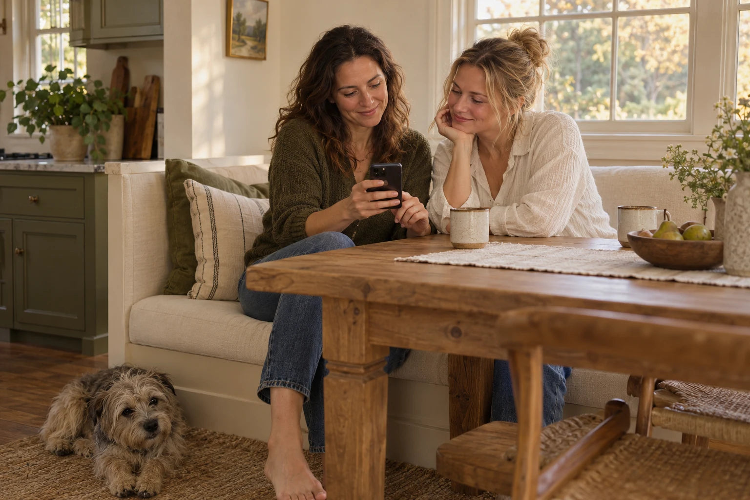 Two friends sharing a favourite pet photo at home with a dog nearby