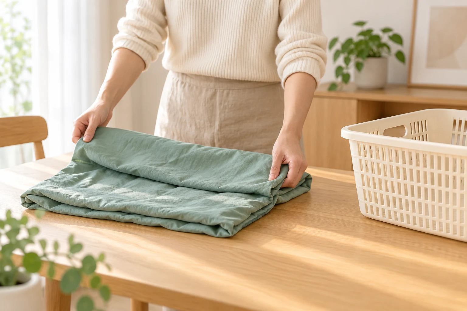 An adult folding a bean-green dog-bed cover beside a laundry basket