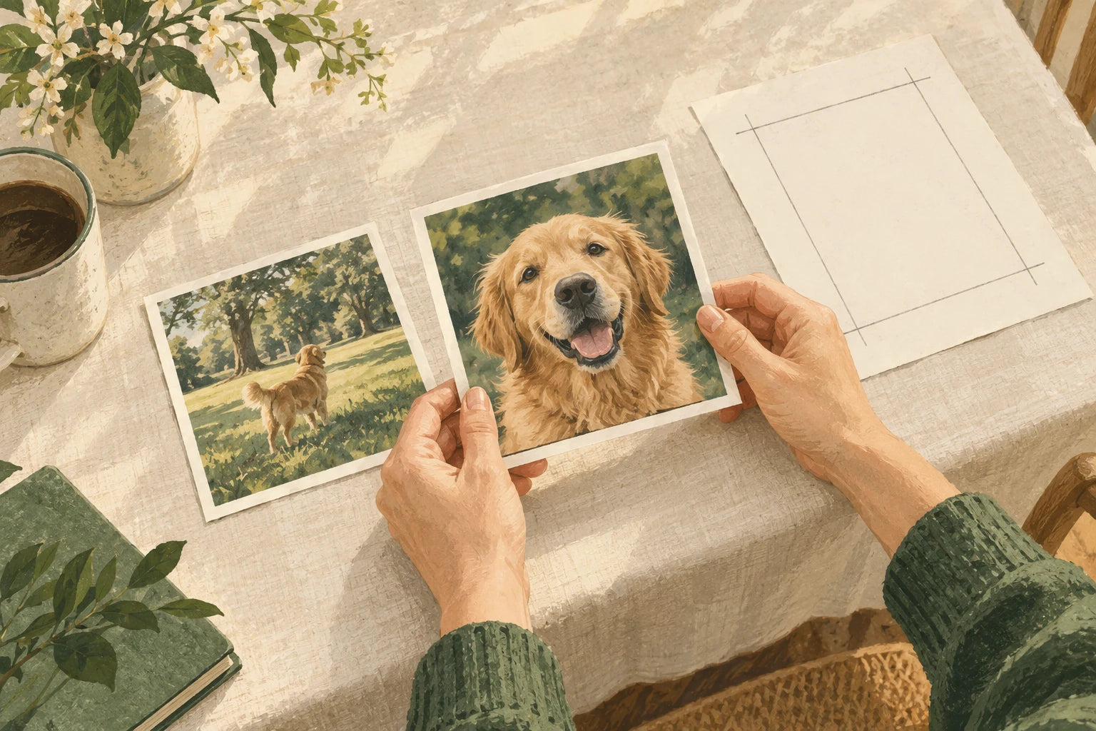 Hands choosing a clear pet portrait for a painting project at a quiet table