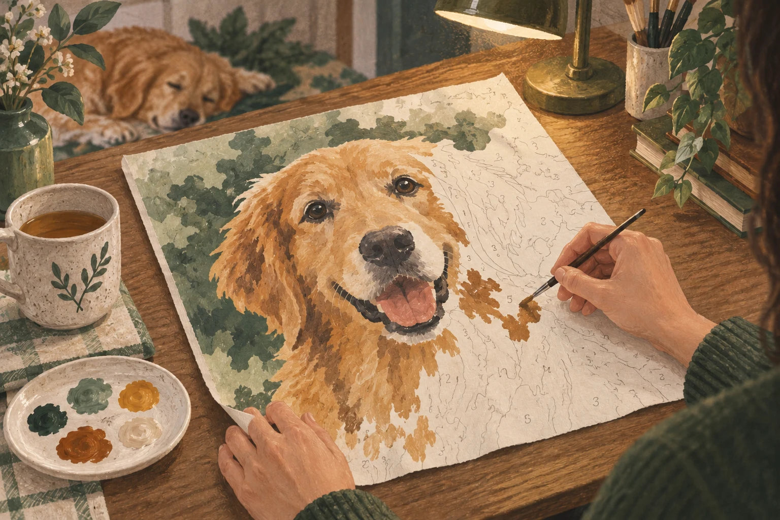 Hands adding colour to an unfinished pet portrait at a quiet table