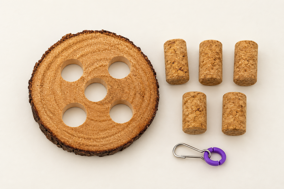 One round wood base with five empty holes, five separate cork inserts and silver-and-purple hanging hardware.