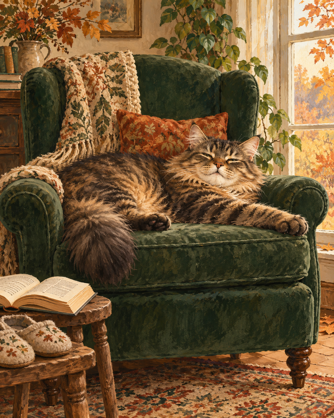 Gouache-style illustration of a fluffy tabby cat lounging across a forest-green armchair beside an autumn window, with an open book and slippers on small stools.