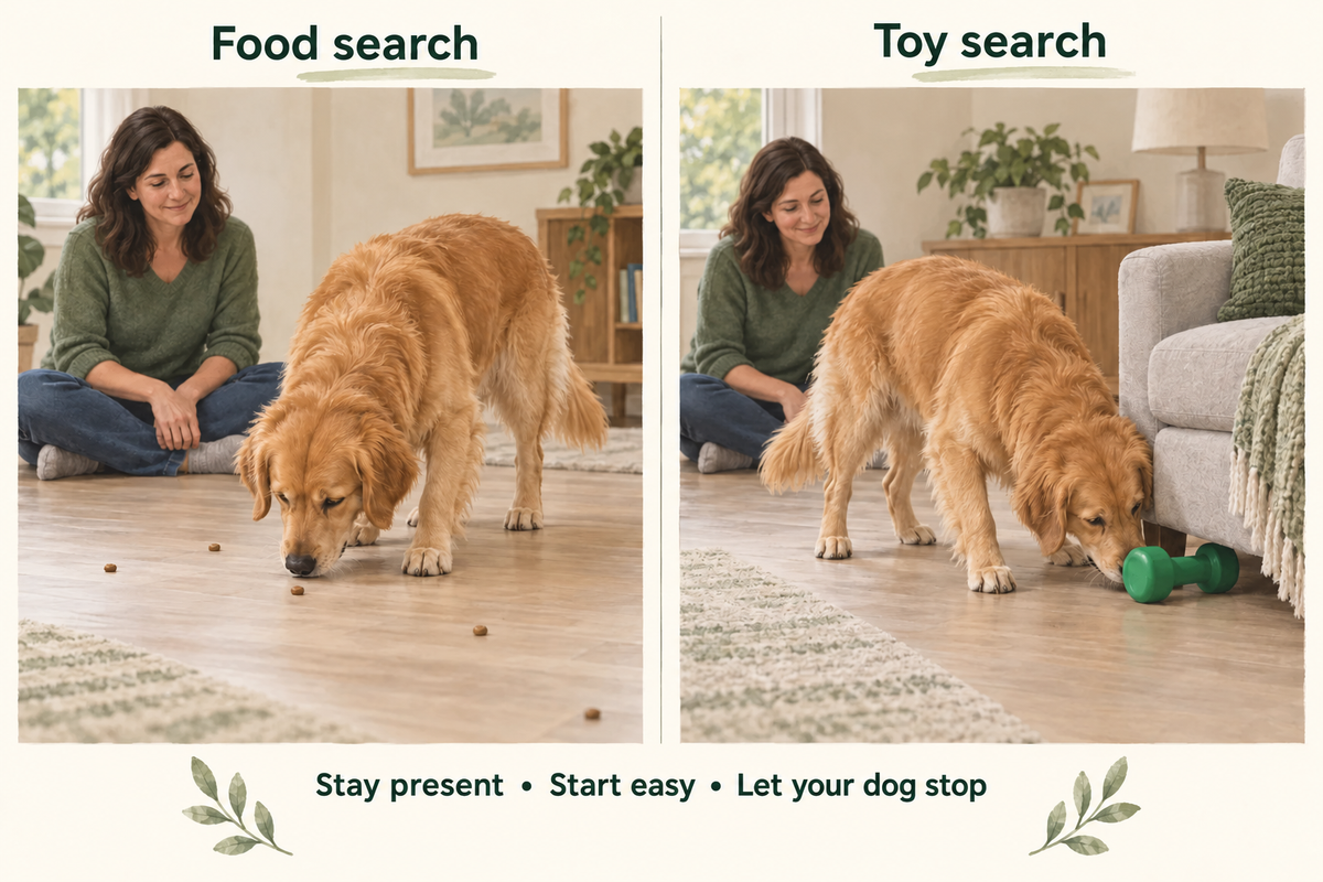 Supervised food and toy searches with a caregiver present; start easy and let the dog stop.