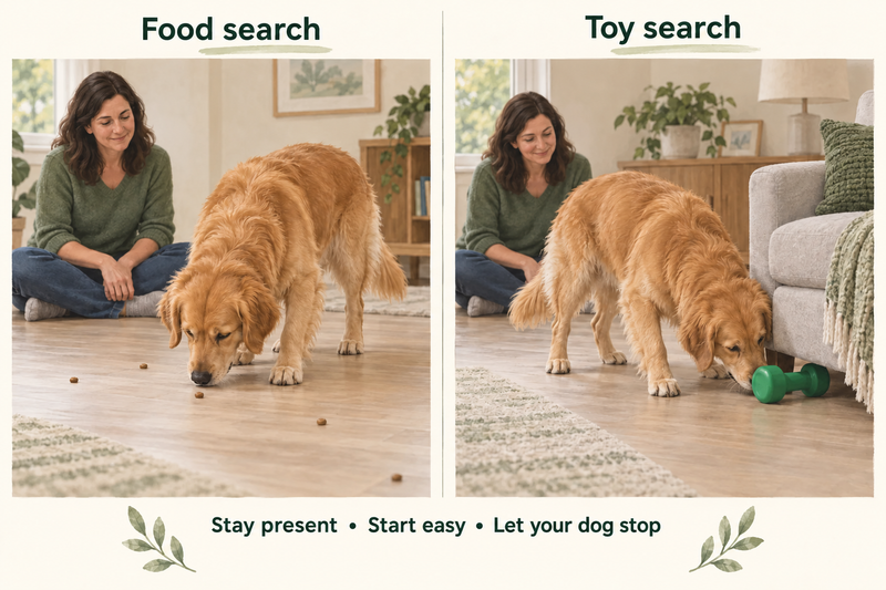 Supervised food and toy searches with a caregiver present; start easy and let the dog stop.