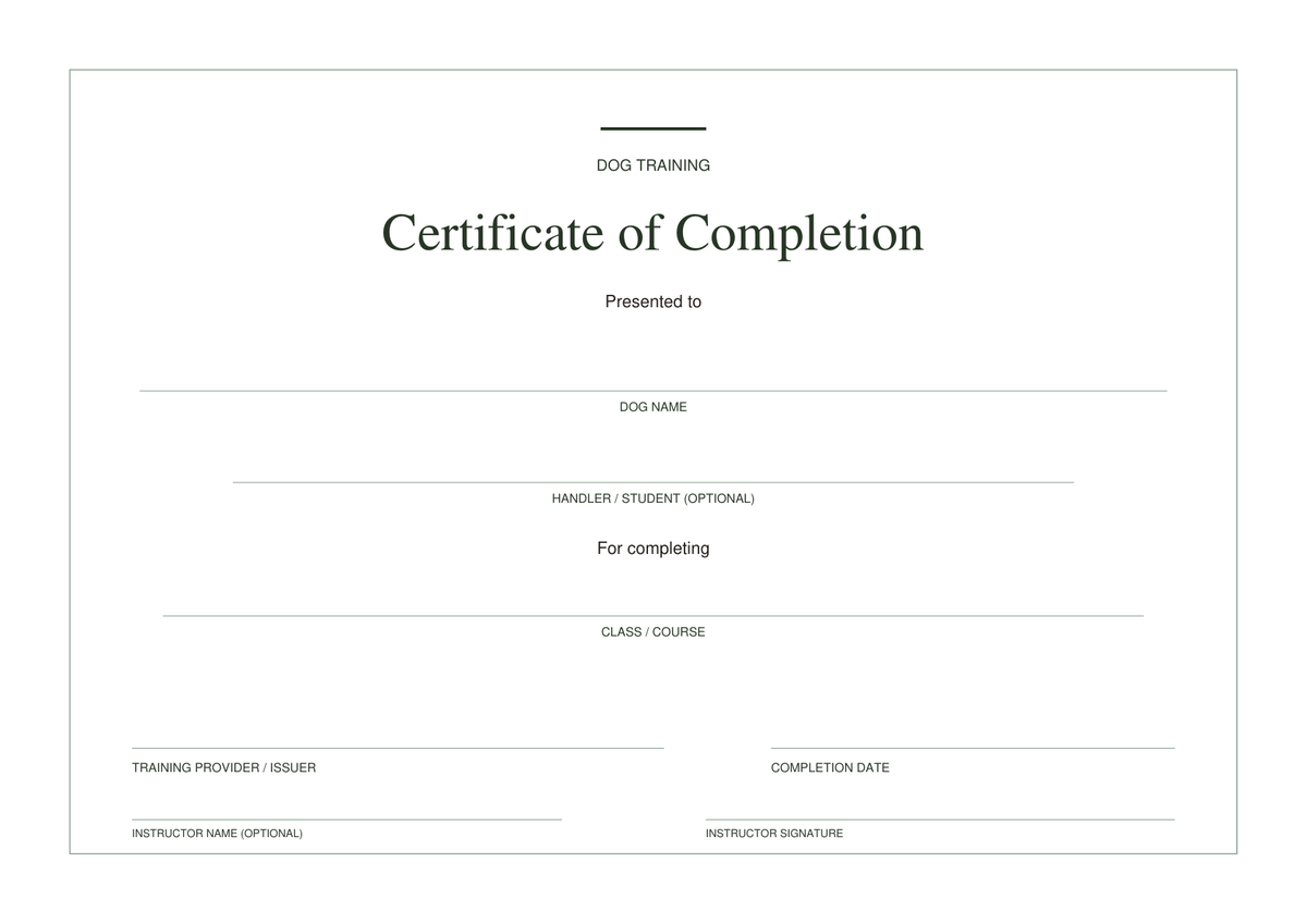 Blank A4 dog training Certificate of Completion — original fillable template, with training provider and signature spaces.