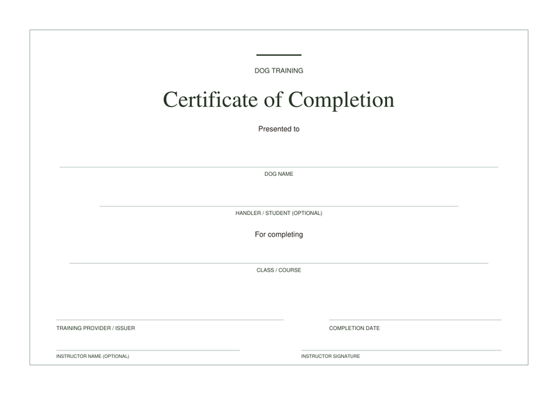 Blank A4 dog training Certificate of Completion — original fillable template, with training provider and signature spaces.