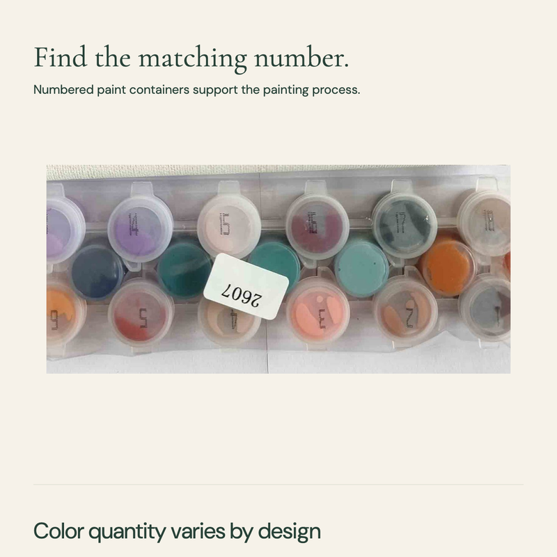 Paint containers with numbered lids. Color quantity varies by design.