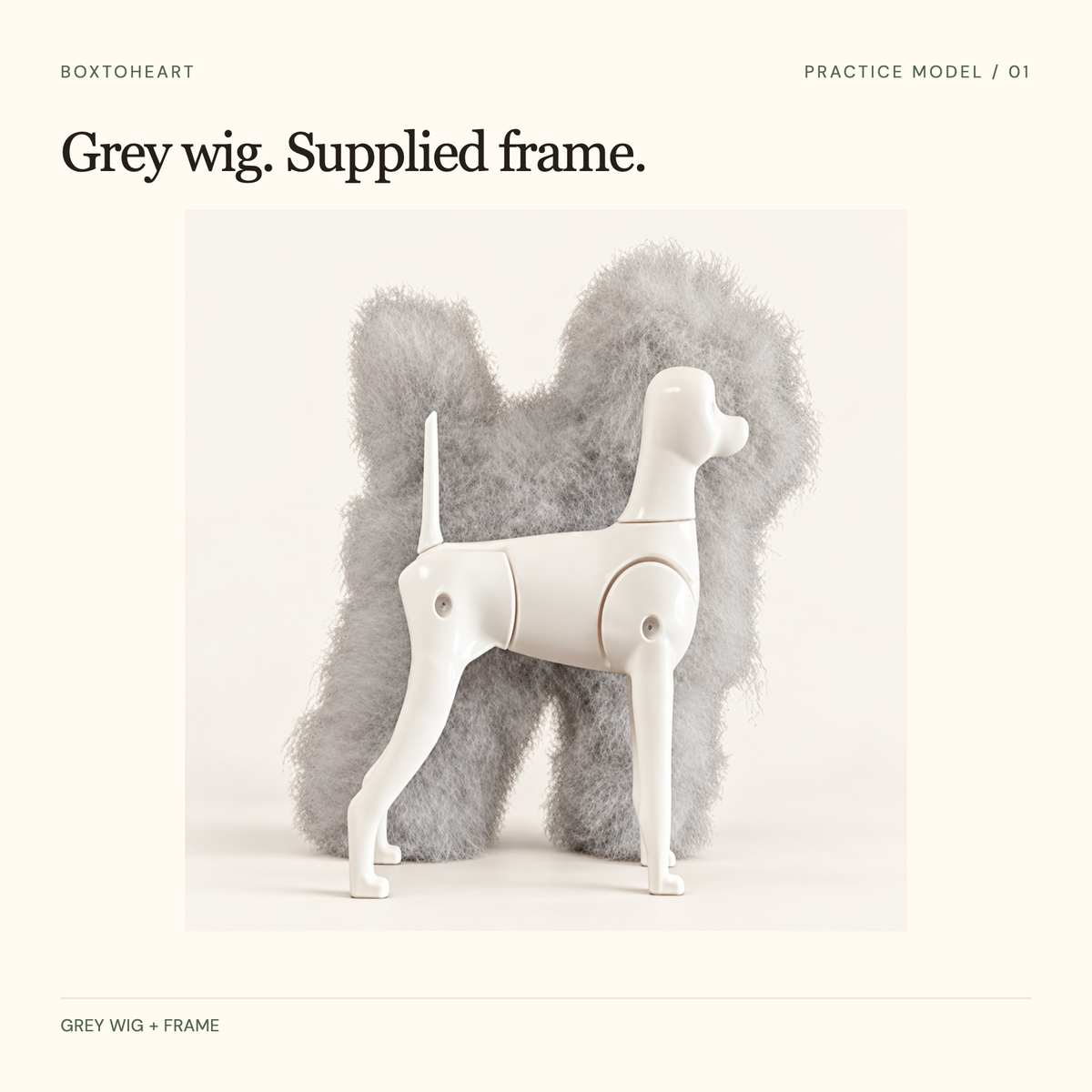 Grey full-body practice wig behind a separate white dog-shaped frame.