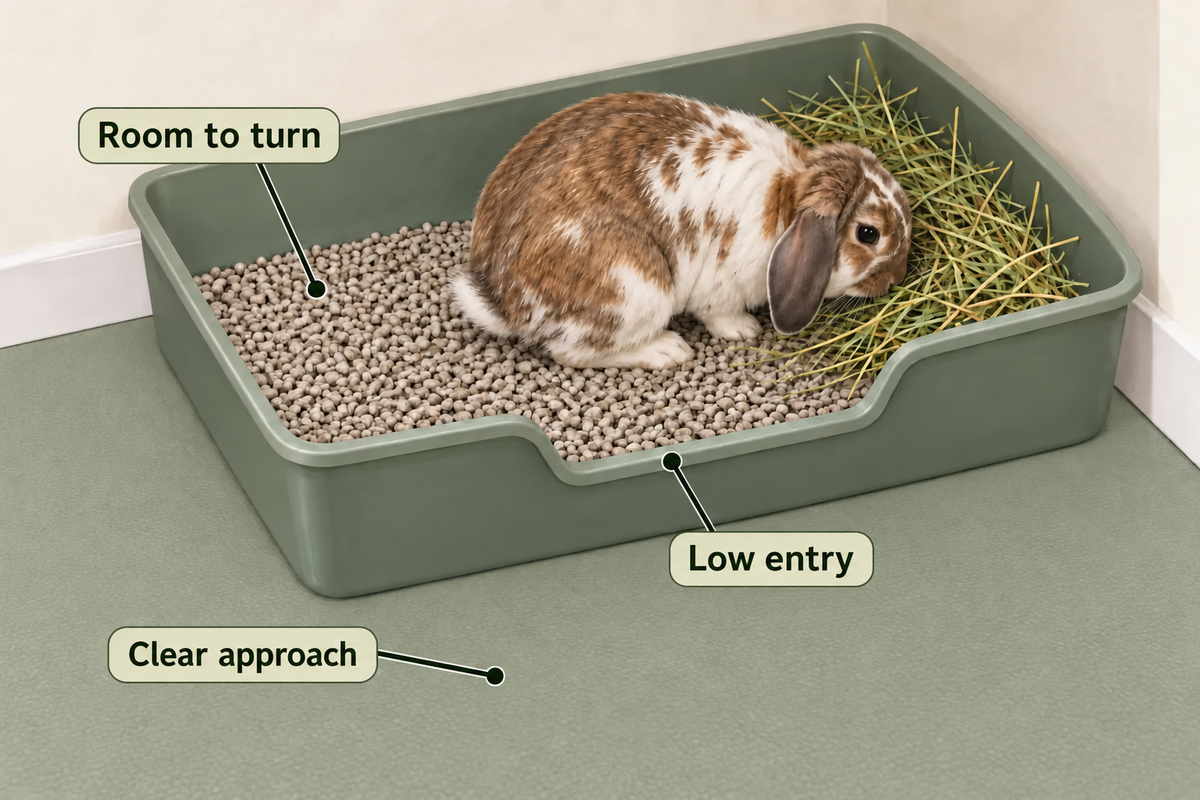 A rabbit fully inside a roomy solid-floor litter tray, with hay at one end, a low entrance and a clear approach.