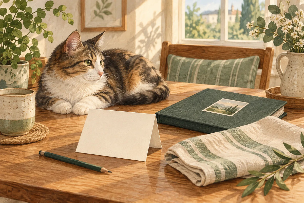 AI-generated editorial illustration of a cat beside a blank gift note, photo album, and useful linen towel; not a product or customer photo