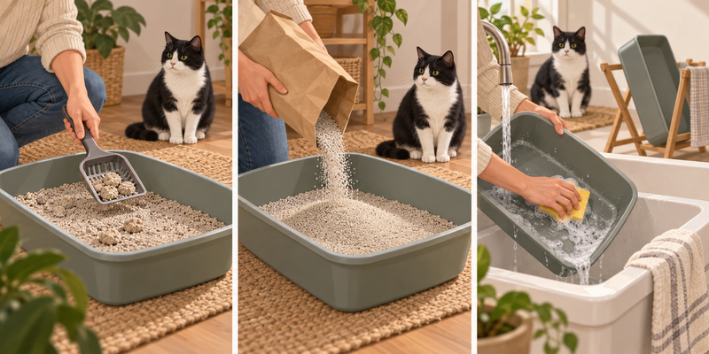 Scooping litter, adding fresh litter to a tray, and washing an emptied manual litter box.