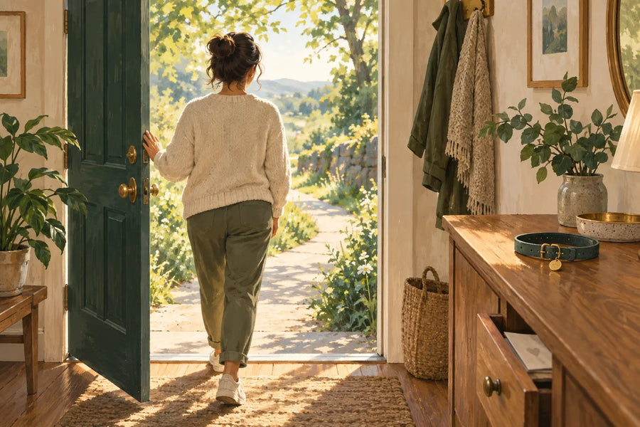 AI-generated editorial illustration of a person stepping onto a sunlit path, with a pet collar left on a table and a note kept in a drawer.