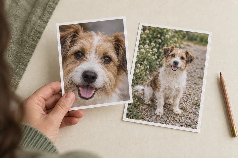 AI editorial illustration of two fictional shaggy-dog photos on a desk: one closely cropped and one with space around the pet; not customer images or a finished product.