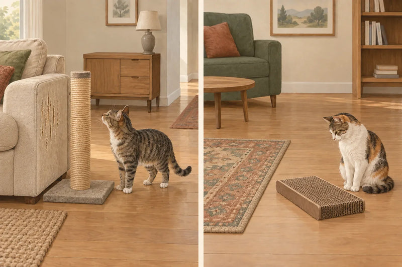 Illustration: a vertical scratching post beside a sofa, and a horizontal scratch pad near a rug, with open floor space around each.