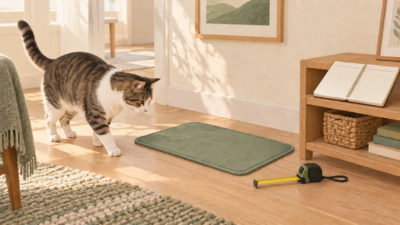Illustration of a cat approaching an empty mat, with a tape measure and notebook for planning a drinking spot.