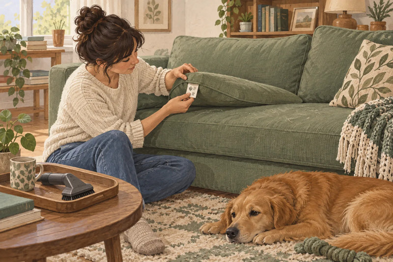 Illustration of a person checking a sofa cushion's care label, with hair on the seat and a dog resting nearby.