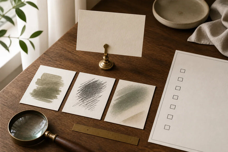 A blank reference card, three art-process swatches, checklist, ruler, and magnifying glass.