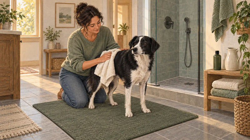Illustration of a caregiver gently towel-drying a dog on a non-slip mat beside a prepared wash area.