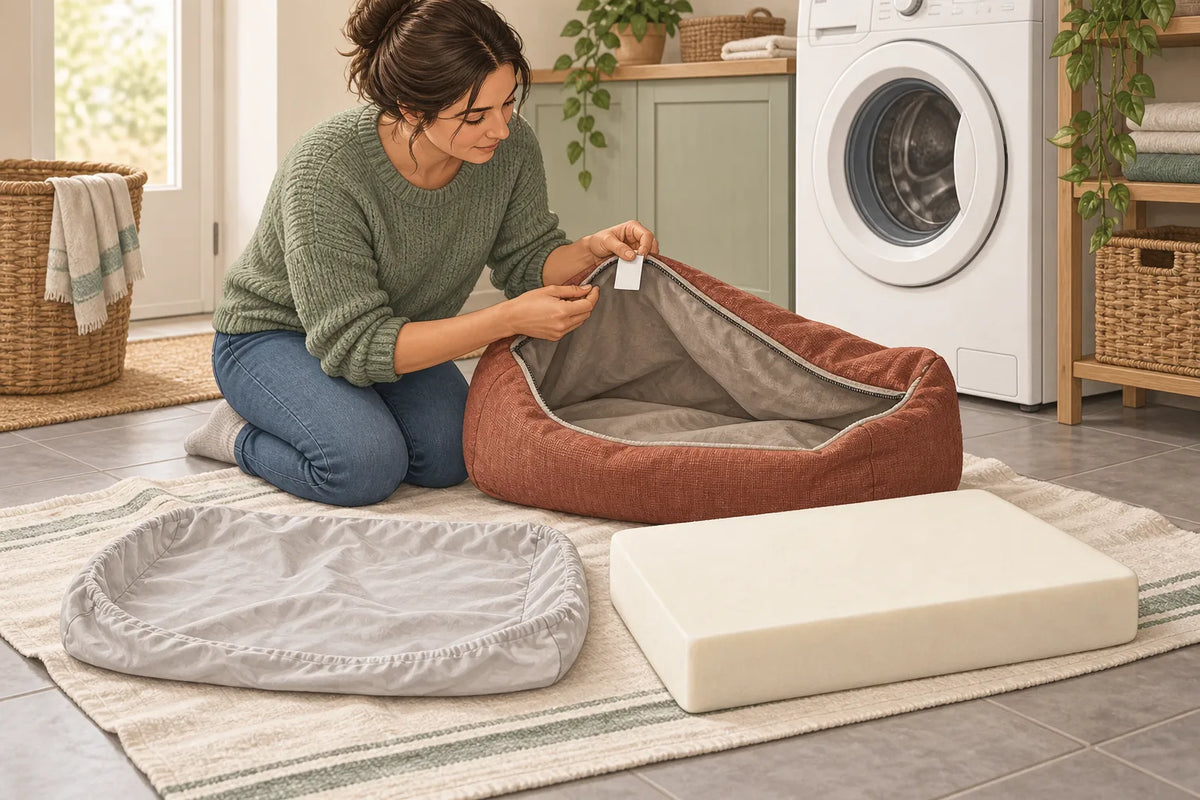 Illustration of an adult checking a dog bed cover's care label beside its separated liner and foam cushion.