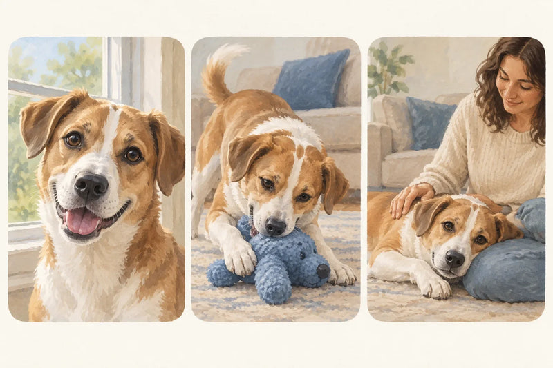 AI-generated illustration: a dog's face near a window, the dog with a blue toy, and the dog resting beside a person.