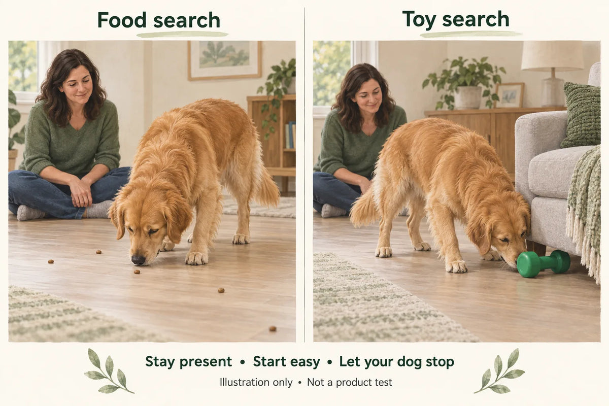 AI illustration comparing supervised food and toy searches with a caregiver present; start easy and let the dog stop.