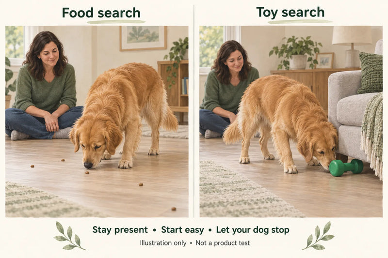 AI illustration comparing supervised food and toy searches with a caregiver present; start easy and let the dog stop.