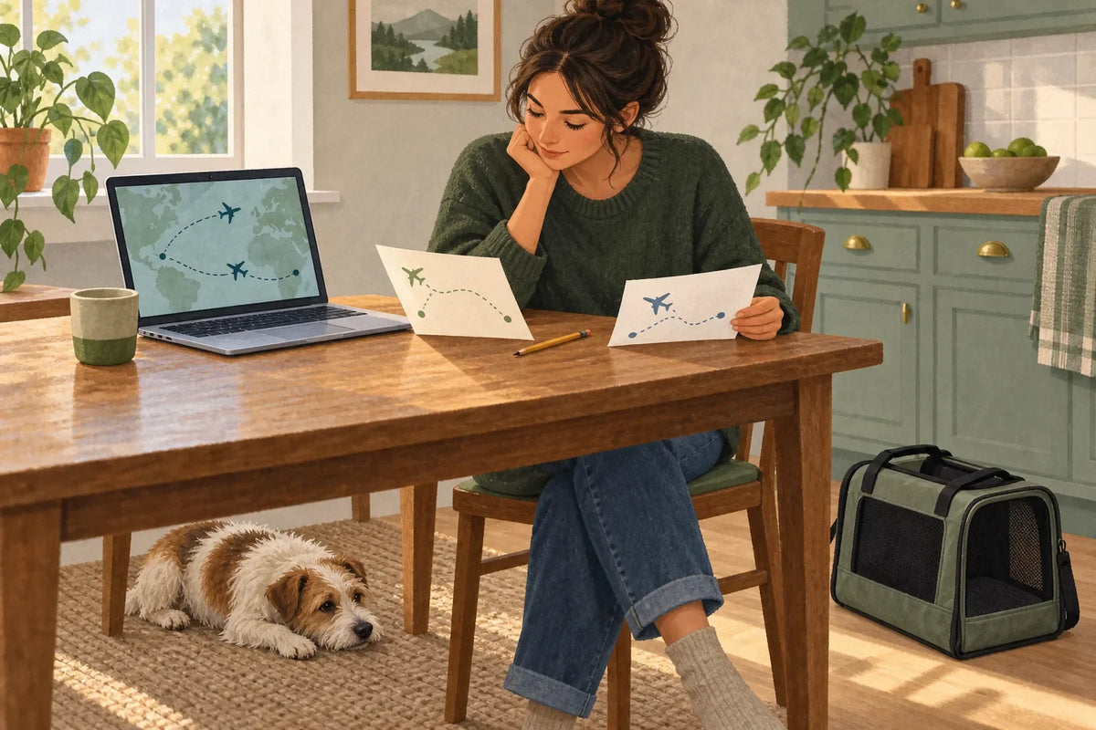 Illustration of a person comparing two flight notes at home, with a dog resting beside an empty pet carrier.