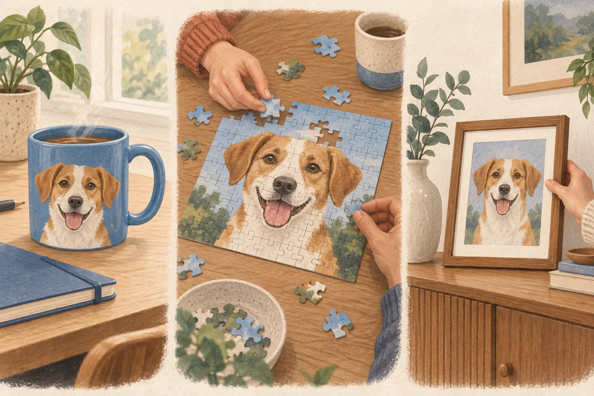 AI-generated illustration: a dog-photo mug at a desk, two people assembling a dog-photo puzzle, and a pet print displayed at home.