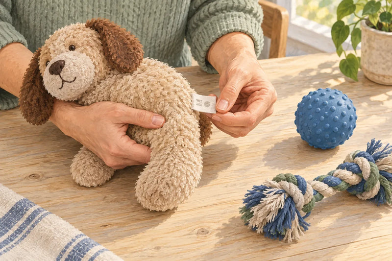 Illustration of hands checking a plush dog toy's care label beside a separate rubber ball and knotted rope toy.
