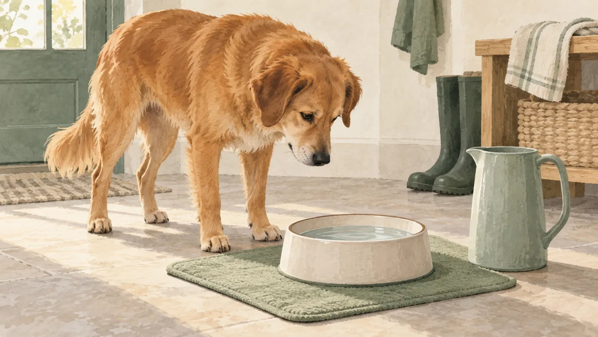 Editorial illustration of a golden-brown dog beside an ordinary water bowl and a separate refill pitcher; not a product photograph.