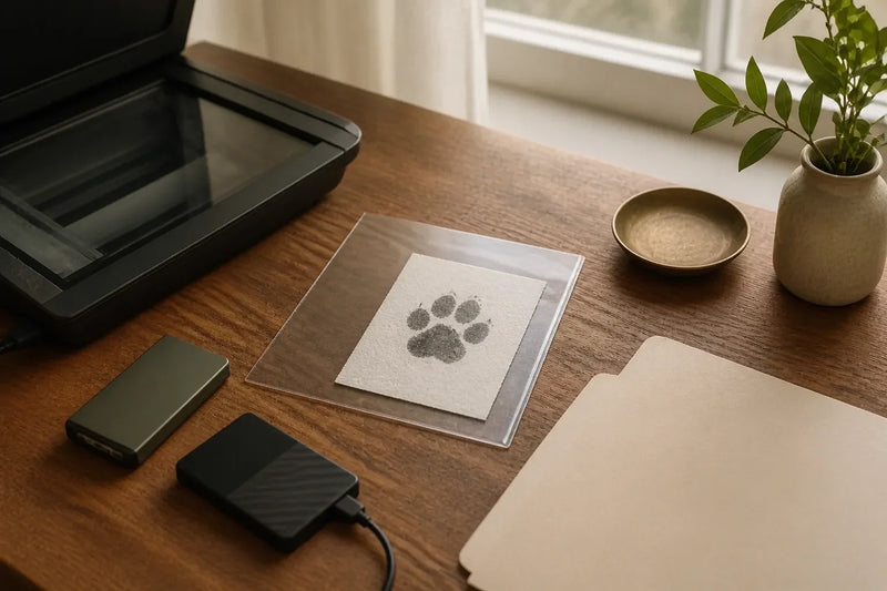 An ink paw print protected in a clear sleeve beside a scanner, folder, and two backup drives.