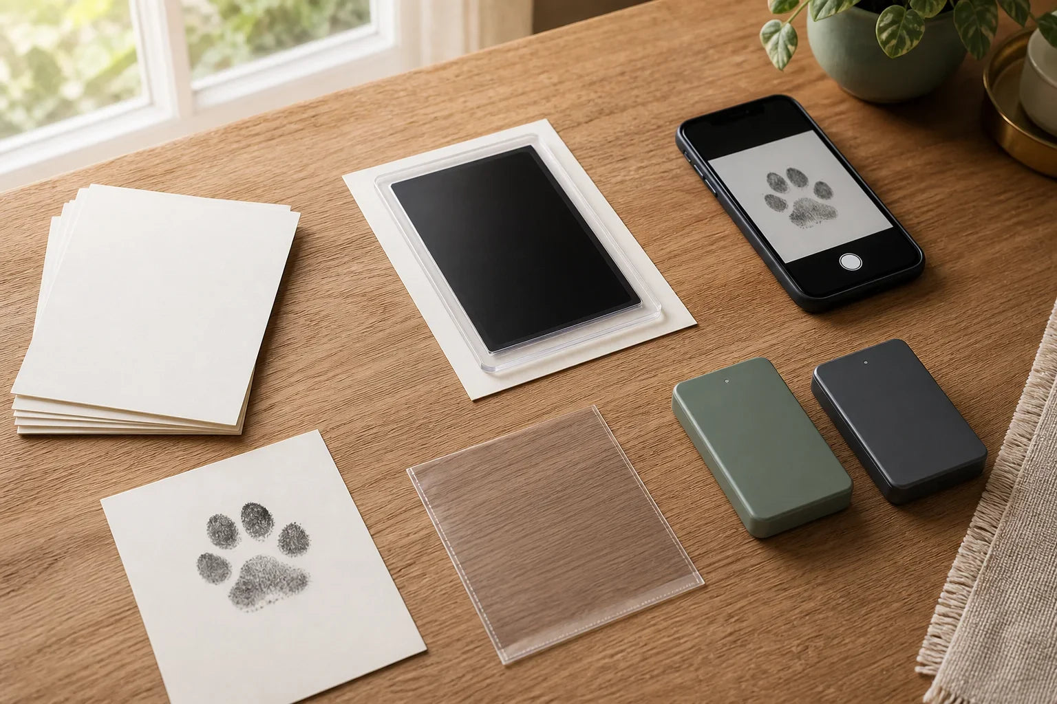 An illustrative clean-touch transfer pad, blank attempt cards, sample paw impression, protective sleeve, phone scan, and two backup drives on a wooden table.