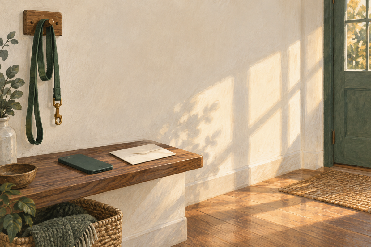 AI editorial illustration of an empty home entryway with a dog leash, face-down phone and blank envelope; not Jessie Wu's home or Bobby's belongings.