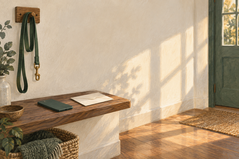 An imagined empty home entryway with a dog leash, face-down phone and blank envelope.