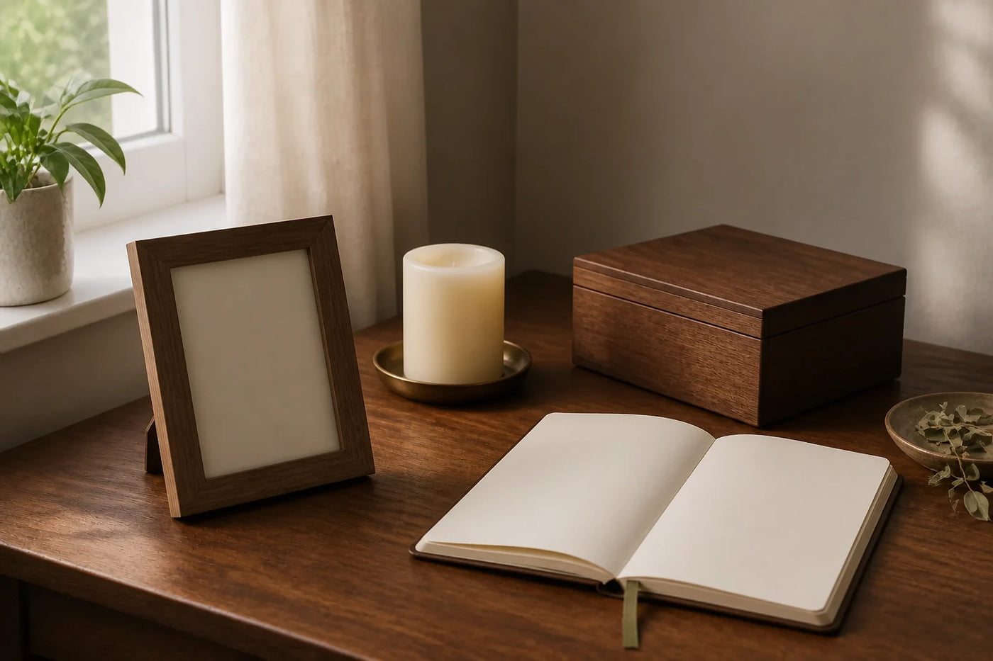 An empty wooden frame, unlit candle, closed memory box, and blank notebook arranged by a window.