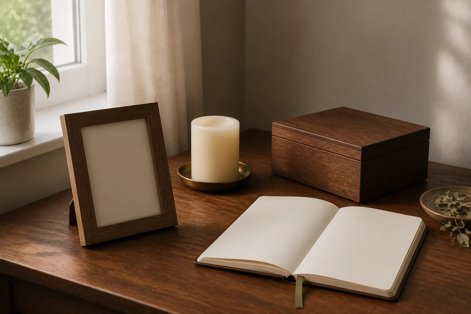 An empty wooden frame, unlit candle, closed memory box, and blank notebook arranged by a window.
