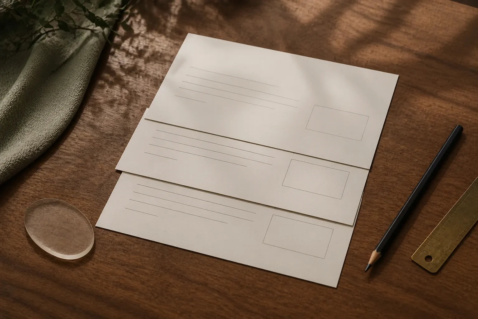 Three blank wording layout cards beside a pencil, brass ruler, and plain oval material sample.