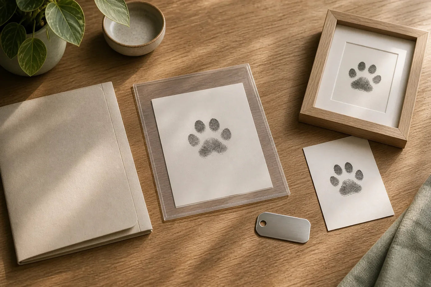 A pet paw print protected in a clear sleeve beside an archive folder, working copy, framed copy, and blank metal tag.