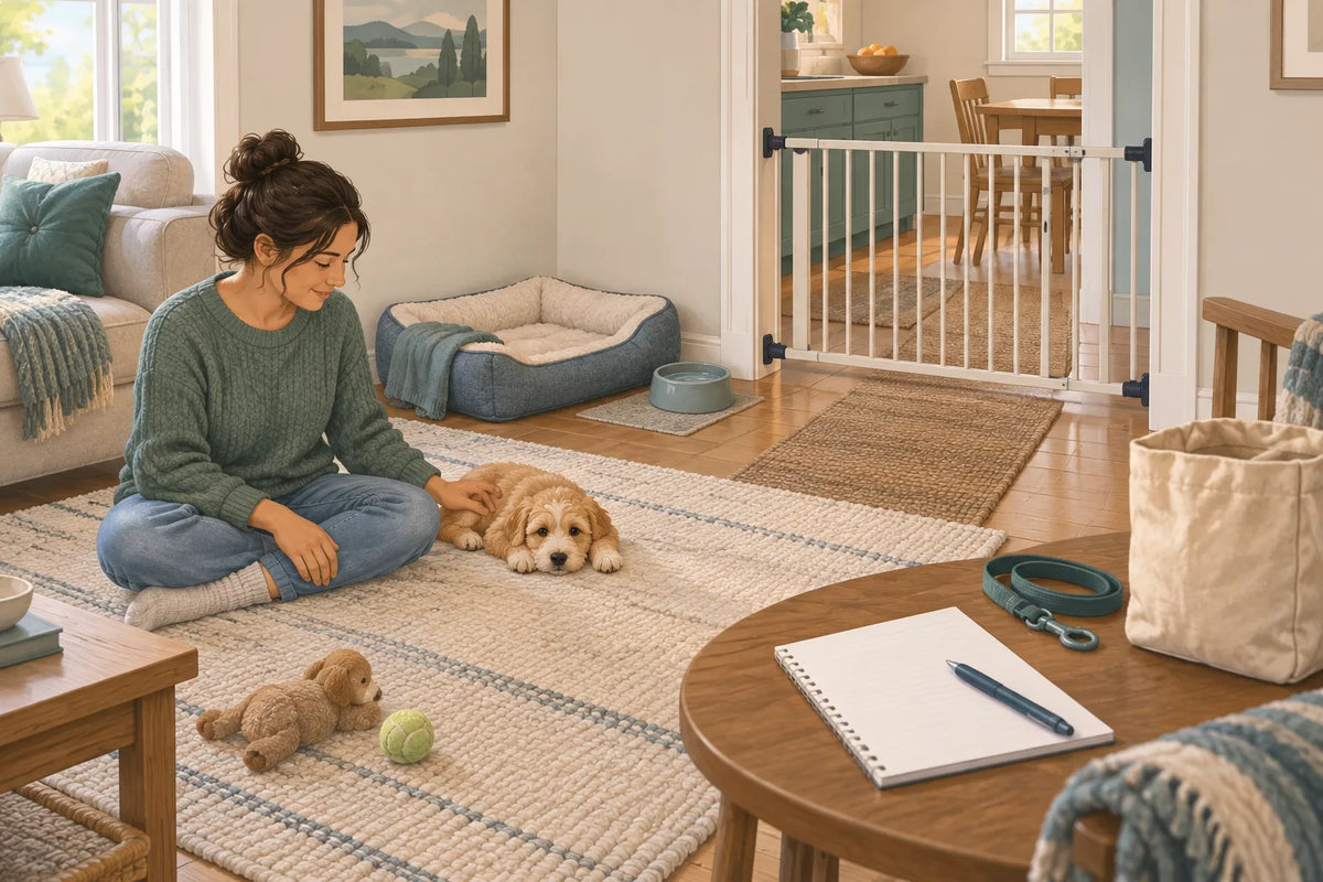 AI-generated illustration: a caregiver and puppy near a bed and water bowl, with a doorway gate and a checklist on a table.