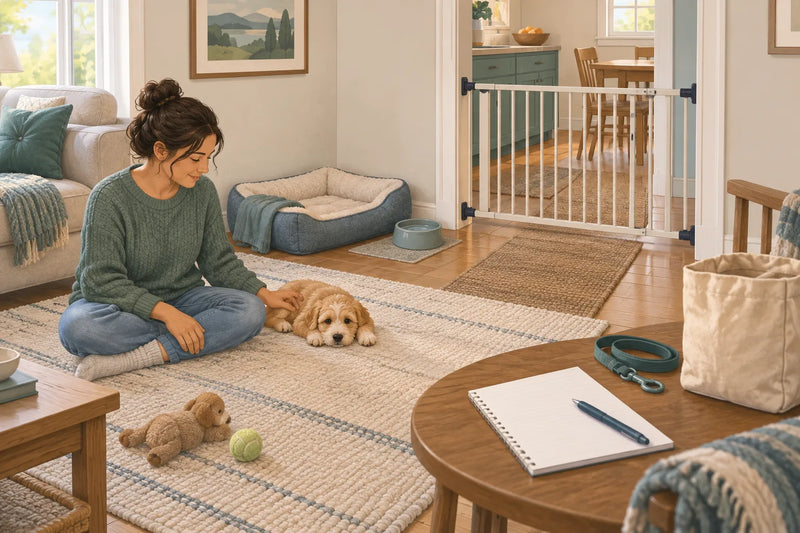 AI-generated illustration: a caregiver and puppy near a bed and water bowl, with a doorway gate and a checklist on a table.