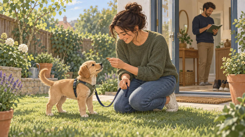 Illustration of a caregiver rewarding a puppy outdoors while another adult records the household care routine.