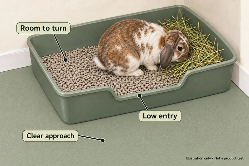 AI illustration of a rabbit fully inside a roomy solid-floor litter tray, with hay at one end, a low entrance and a clear non-slip approach.