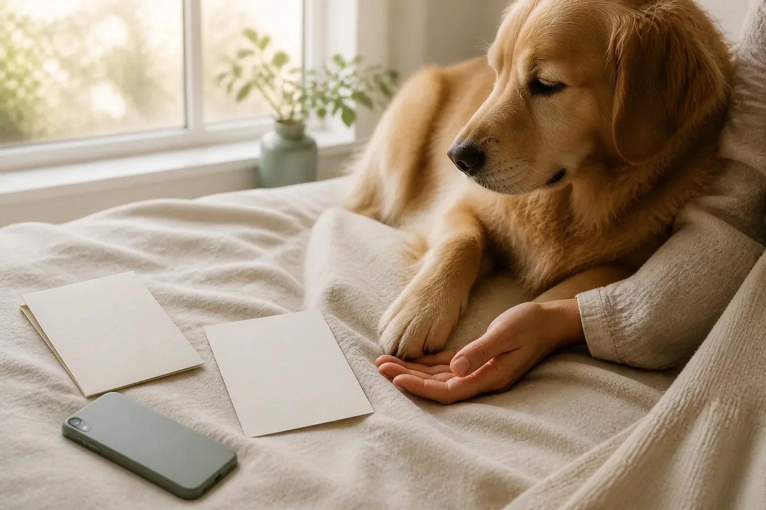A relaxed dog's paw resting beside an owner's open hand, blank archive cards, and a face-down phone in warm daylight.