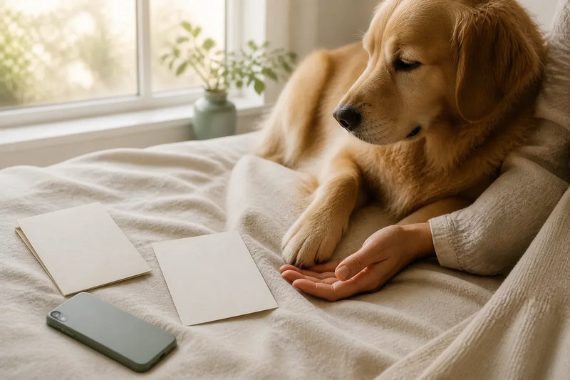A relaxed dog's paw resting beside an owner's open hand, blank archive cards, and a face-down phone in warm daylight.
