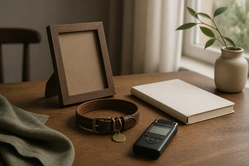 An empty frame, pet collar, notebook, and audio recorder arranged as real memory sources.