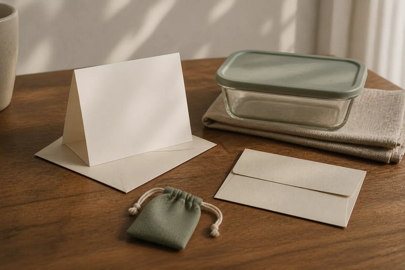 A blank card, reusable food container, envelope, and small keepsake pouch arranged as separate support choices.