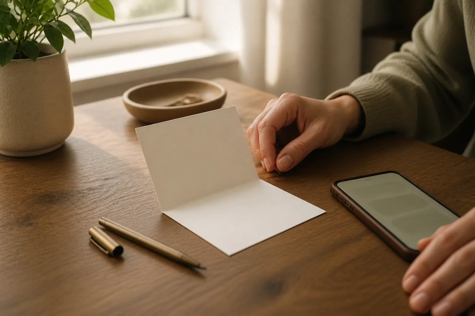 Hands beside a blank note card, pen, and phone while composing a low-pressure message.