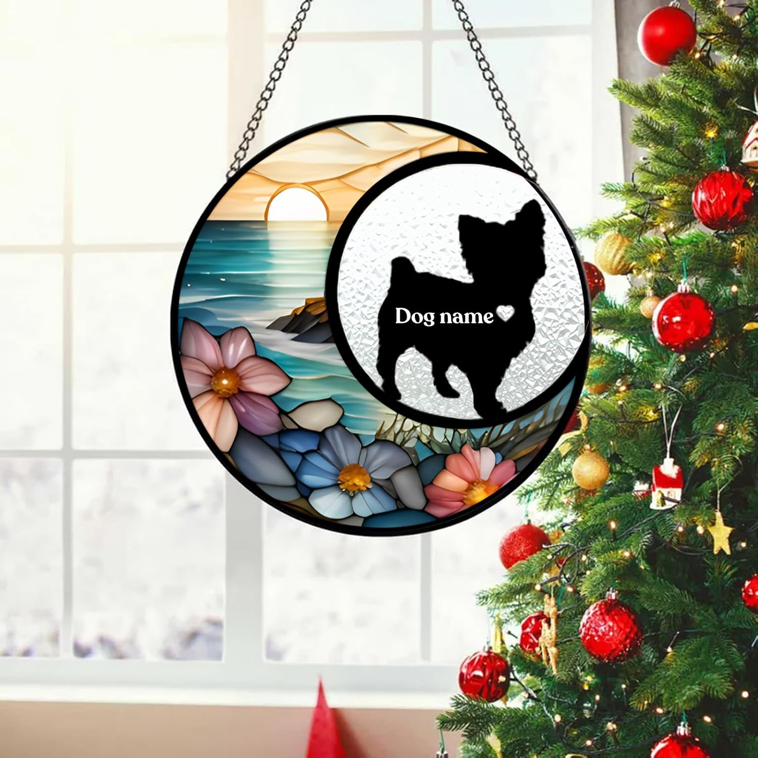 Dog artwork and personalized name shown in an alternate coastal floral suncatcher composition