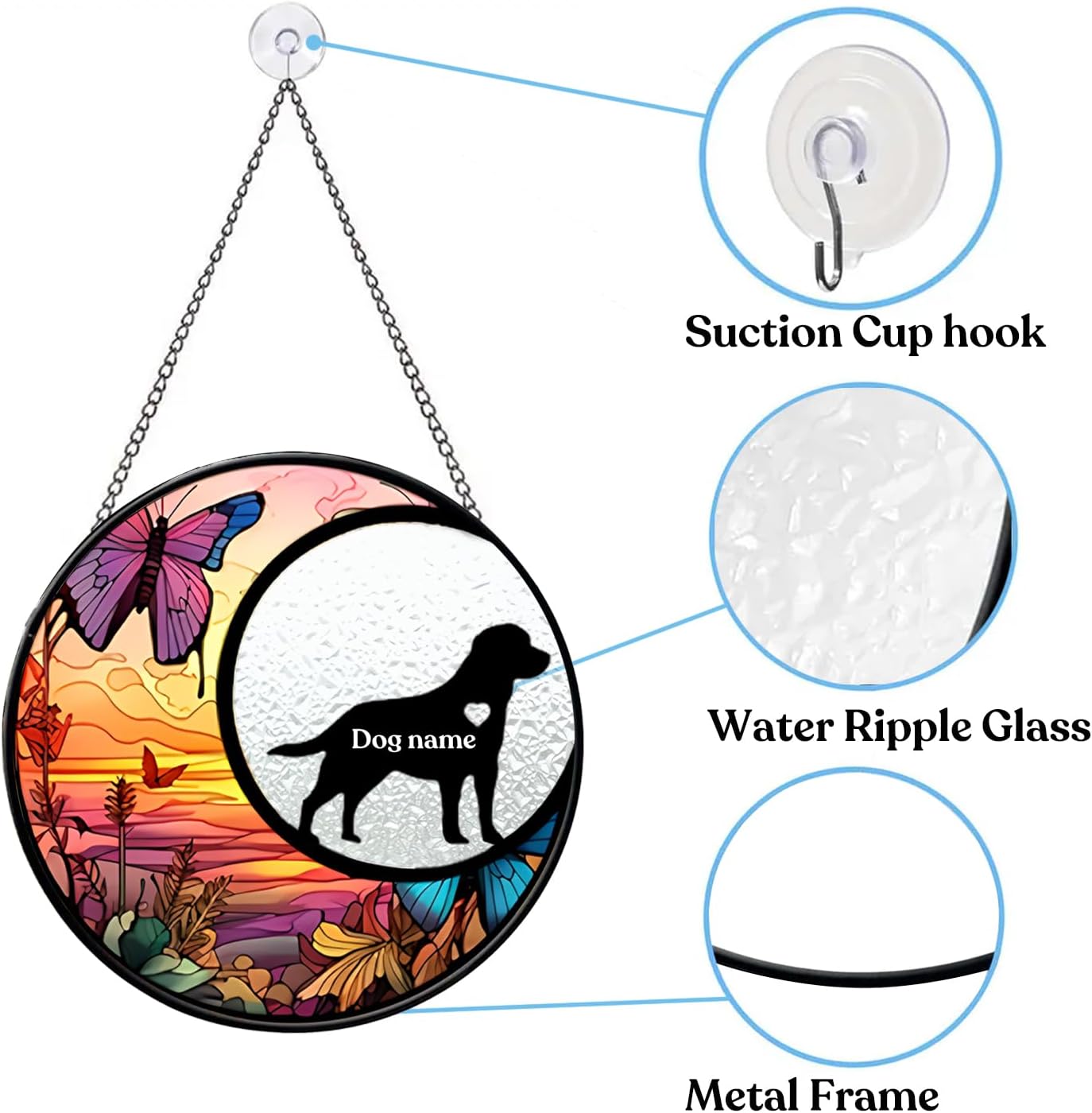 Suction-cup hook, hanging chain, textured glass surface, and round metal frame details